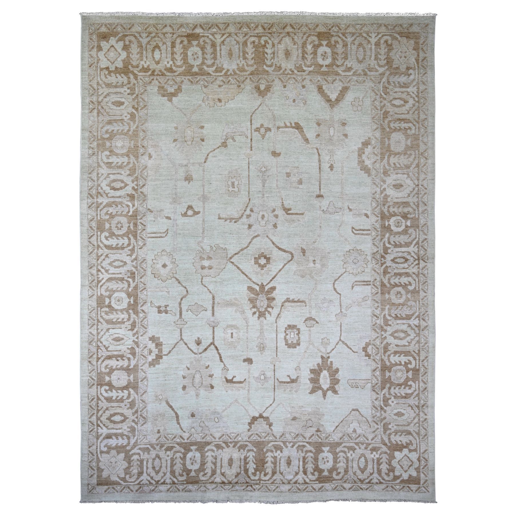Linen White, Vegetable Dyes, Afghan Angora Oushak with All Over Design, Hand Knotted, 100% Wool, Oriental Rug